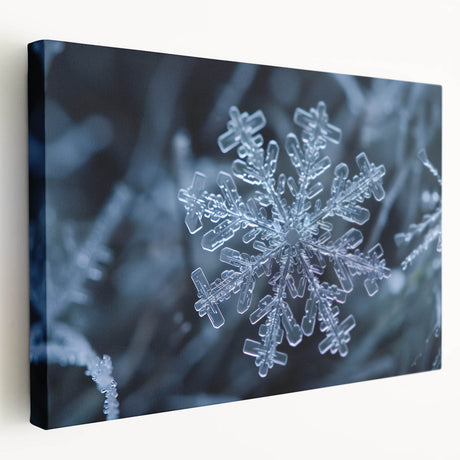 Close-up of frost patterns on a stretched canvas, showcasing intricate icy designs in blue and white tones.