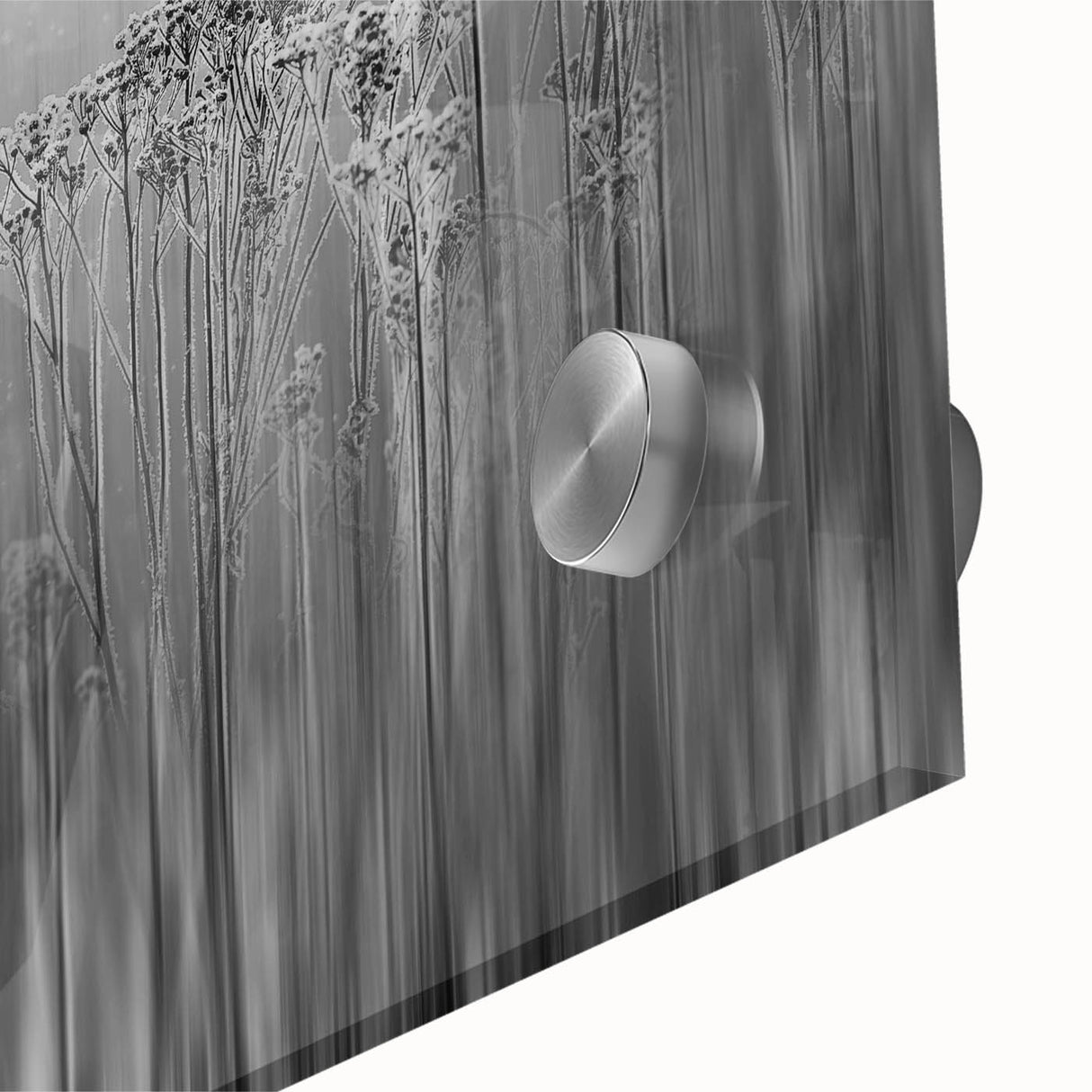 Large abstract acrylic print featuring frost patterns in muted gray tones, ideal for dining room art.