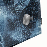 Close-up of frost patterns on glass in muted blue and white tones, large acrylic print.