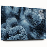Close-up acrylic print of frost patterns in blue and white tones, suitable for bedroom or dining room decor.