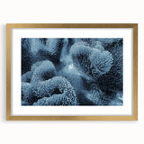 Abstract textured art print depicting frost patterns in muted gray tones, framed in gold, ideal for bedroom art decor.