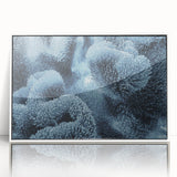 Framed acrylic print featuring a close-up of frost patterns in muted white and gray tones, ideal for modern art wall decor.