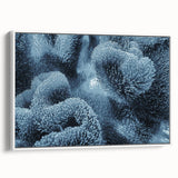 Framed canvas depicting a close-up of frost patterns in muted gray tones, ideal for bedroom wall art.