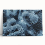 Black and white close-up photo of frost patterns on ice, printed on a large stretched canvas, ideal for kitchen wall art.