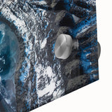 Close-up of frost patterns in blue and white on acrylic glass, ideal for dining room art in a mid-century modernist style.