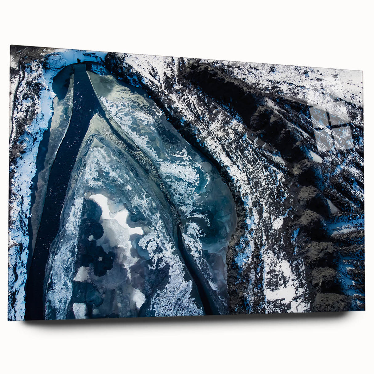 Close-up acrylic print of frost patterns in muted blue and white hues, suitable for bedroom or dining room decor.