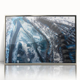 Framed acrylic print featuring a close-up of frost patterns in silver and gray tones, suitable for modern art wall decor.