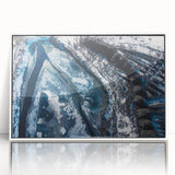 Framed acrylic print featuring a close-up of frost patterns in muted blue and white tones.