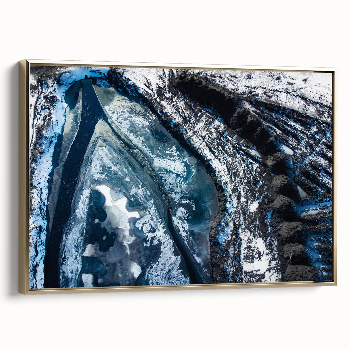 Framed canvas featuring a close-up of frost patterns in muted gray and blue tones.
