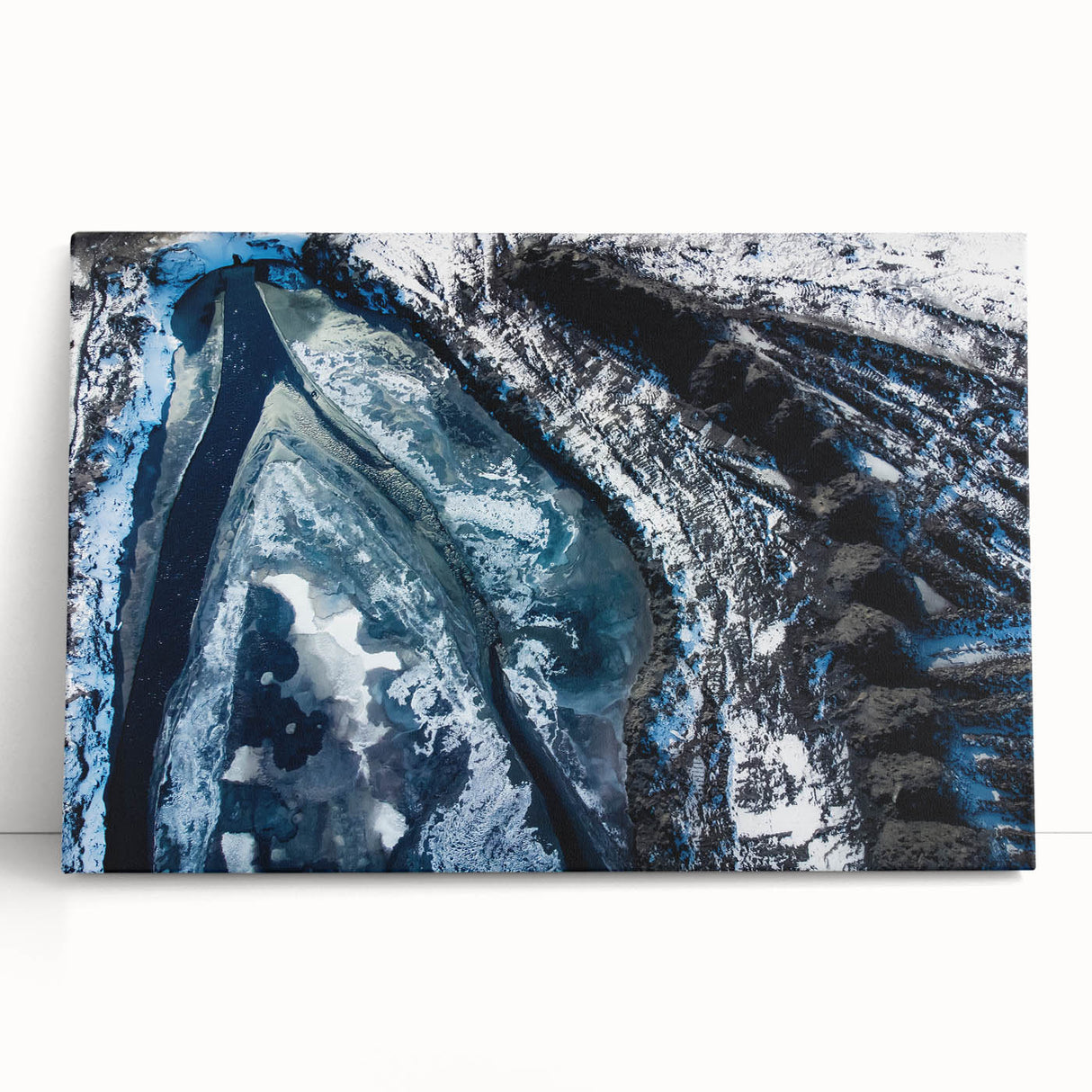 Black and white close-up photo of frost patterns on ice, printed on large stretched canvas, ideal for kitchen wall art.