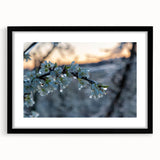 Abstract art print featuring a frost-like textured design in vibrant blues and whites, framed with a black mat.