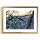 Textured art depicting abstract frost patterns in icy blue tones on a gold-framed canvas, suitable for bedroom decor.