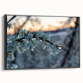 Black and white framed canvas of a frost-covered landscape, ideal for bedroom decor.