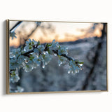 Framed canvas featuring a close-up landscape of frost patterns in gold.
