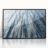Large abstract wall art depicting frosted ice patterns in black and white, framed acrylic.