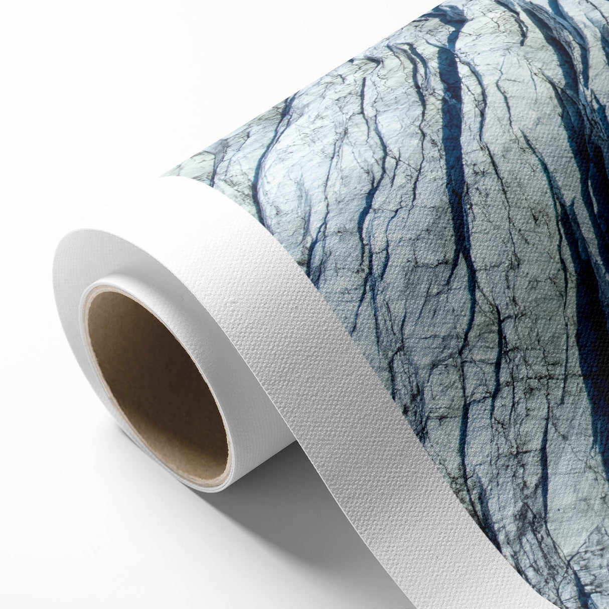 Art deco poster featuring a close-up of frost patterns in muted blue and white tones on rolled canvas.