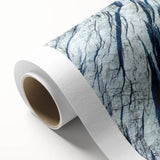 Art deco poster featuring a close-up of frost patterns in muted blue and white tones on rolled canvas.