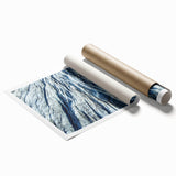 Close-up of frost patterns on glass in muted blue and white tones, rolled print, suitable for classy bathroom wall art.