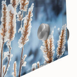Large abstract wall art print on acrylic glass featuring a close-up of frost patterns in muted blue and white tones.