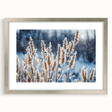 Abstract art print of a frost design in muted blue and white tones, framed with a silver mat.
