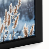 Close-up of black framed canvas featuring a textured frost design in vibrant colors, ideal for living room decor.