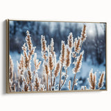 Framed canvas featuring a close-up of frost patterns in muted gray and gold tones, suitable for modern office decor.
