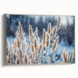 Vintage poster art featuring a close-up of frost patterns in black and colorful hues on a large framed canvas.