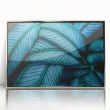 Mid-century modernist art, acrylic print of close-up leaves in silver frame, ideal for nursery wall decor.