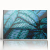 Acrylic print of a close-up leaf design in green tones, framed in white, suitable for modern nursery decor.