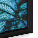 Close-up of textured leaves in black, framed canvas, ideal for extra large living room wall art.