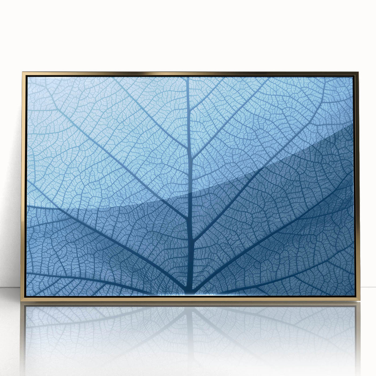 Close-up of leaves in muted green and gold tones, framed acrylic print.
