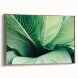 Framed canvas depicting a close-up view of leaves in muted green tones, ideal for bedroom wall decor.