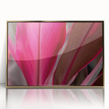 Close-up of leaves in green and gold tones on a framed acrylic, showcasing mid-century modernist style.