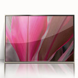 Mid-century modernist art of silver-framed acrylic featuring close-up leaves in green tones, ideal for nursery wall art.