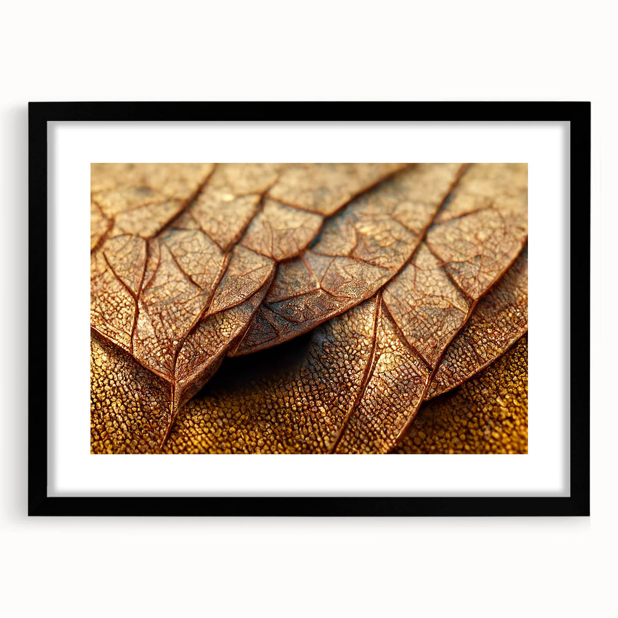 Extra large abstract art print featuring textured, colorful leaves on a black framed canvas, ideal for living room decor.