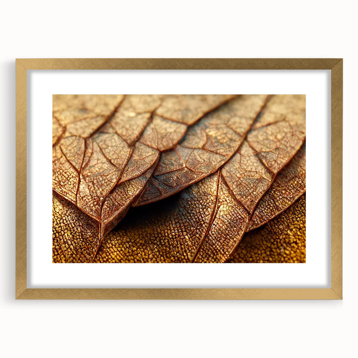 Extra large abstract art print depicting textured leaves in gold and green hues, framed with a gold mat.