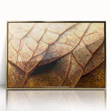 Close-up of leaves in vibrant green tones, framed acrylic print in gold, mid-century modernist style.