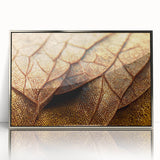 Mid-century modernist art featuring close-up leaves in green and silver, acrylic print framed in silver.