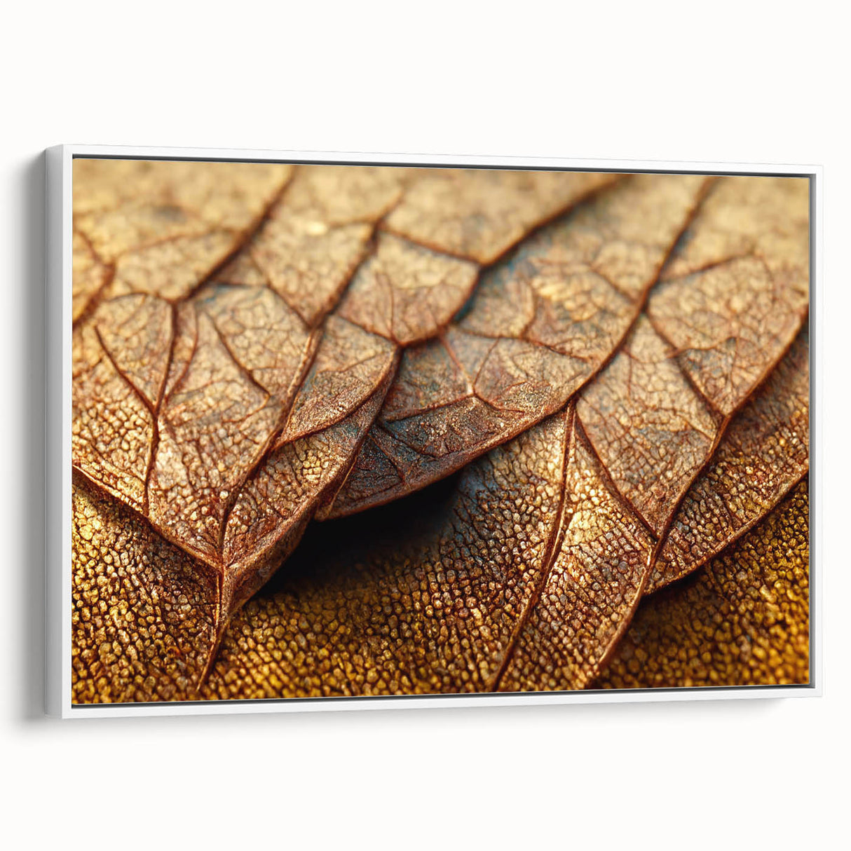 Vintage poster art of colorful leaves on a large framed canvas, ideal for living room decor.