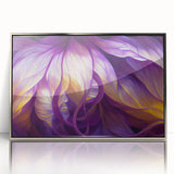 Mid-century modernist art depicting close-up leaves in muted green tones, framed in silver acrylic.