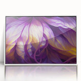 Acrylic print of close-up leaves in green and yellow hues, framed in white, art deco style, suitable for nursery wall art.