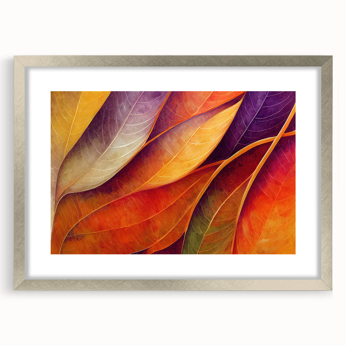 Close-up of textured art featuring abstract leaf designs in muted green and brown, framed in silver.