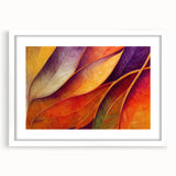 Abstract art print featuring close-up leaves in muted green and brown tones on a white-framed canvas.
