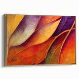 Framed canvas featuring a close-up of leaves in muted green and gold tones, ideal for bedroom wall decor.