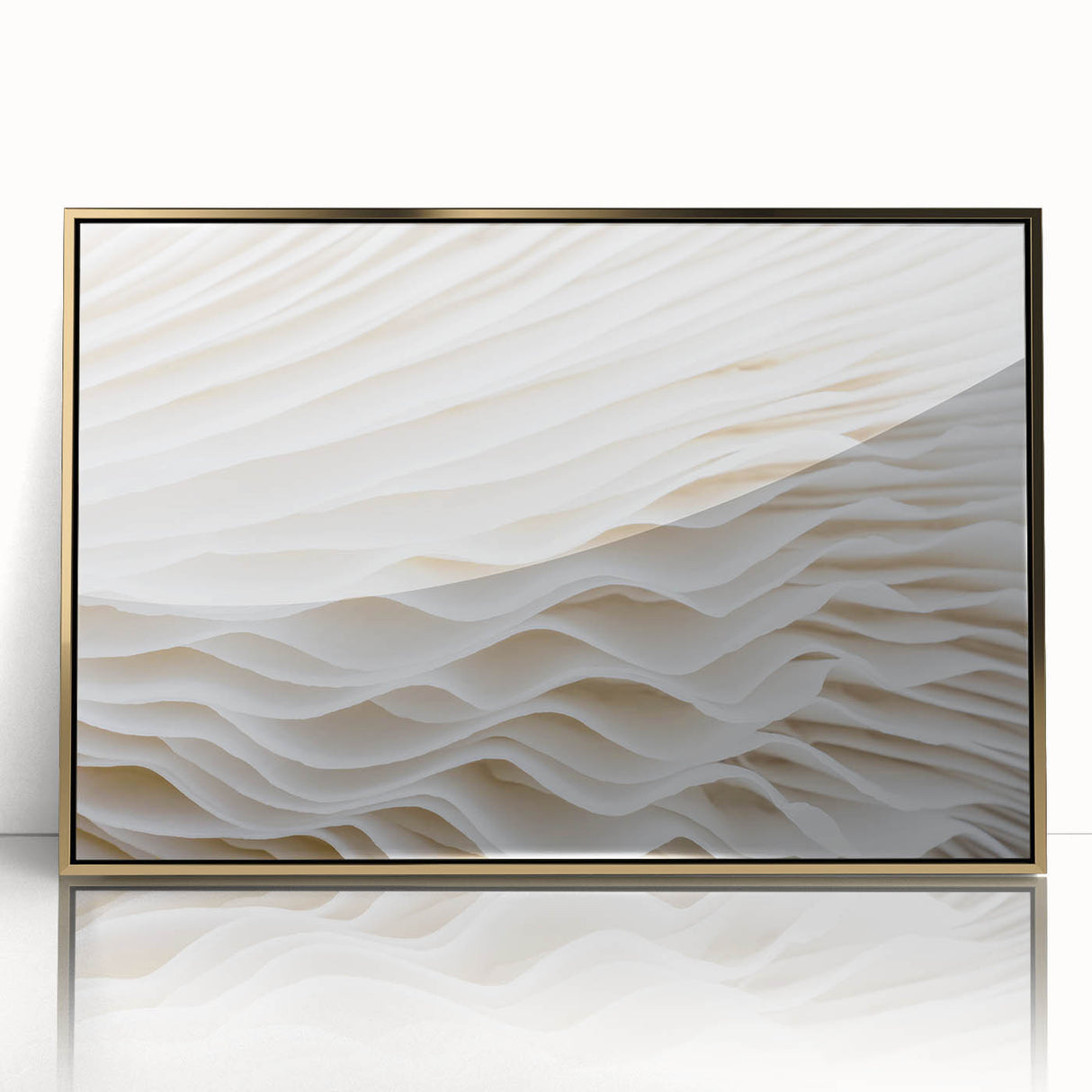Close-up of leaves in gold frame, acrylic print, mid-century modernist style, suitable for nursery wall art.