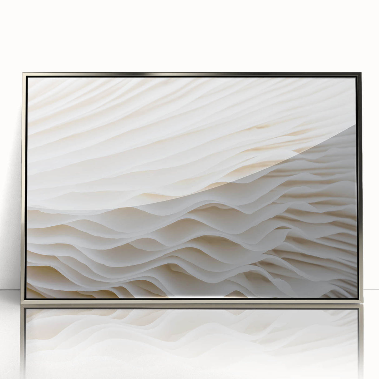 Mid-century modernist art of close-up leaves in muted greens and browns, acrylic print in a silver frame.