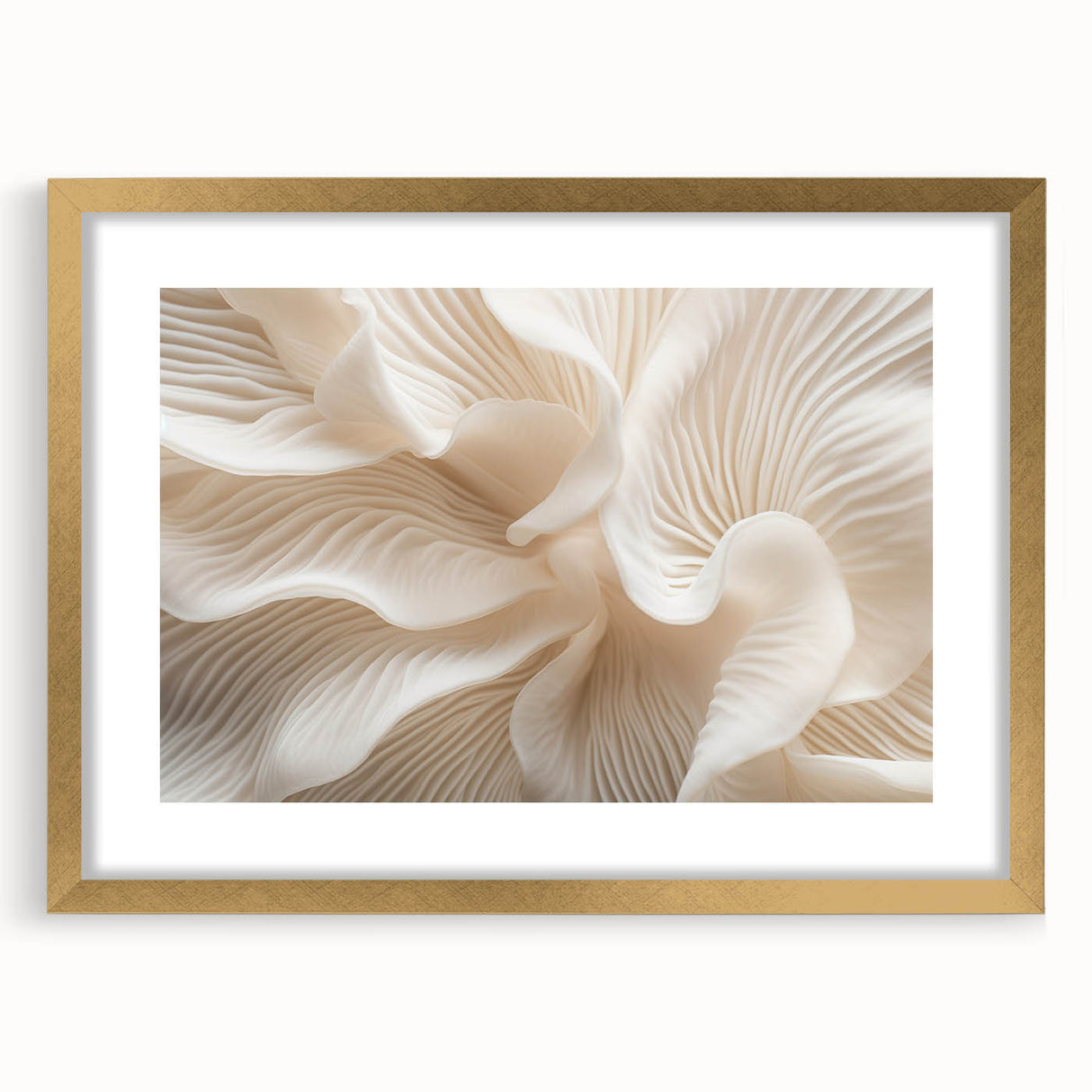 Extra large abstract art print featuring close-up textured leaves in muted green tones, framed in gold.