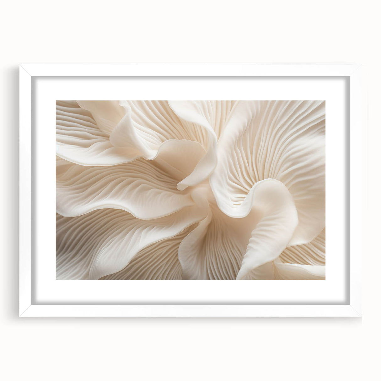 Abstract art print featuring close-up green leaves, in a white frame with mat, ideal for dining room or bedroom decor.