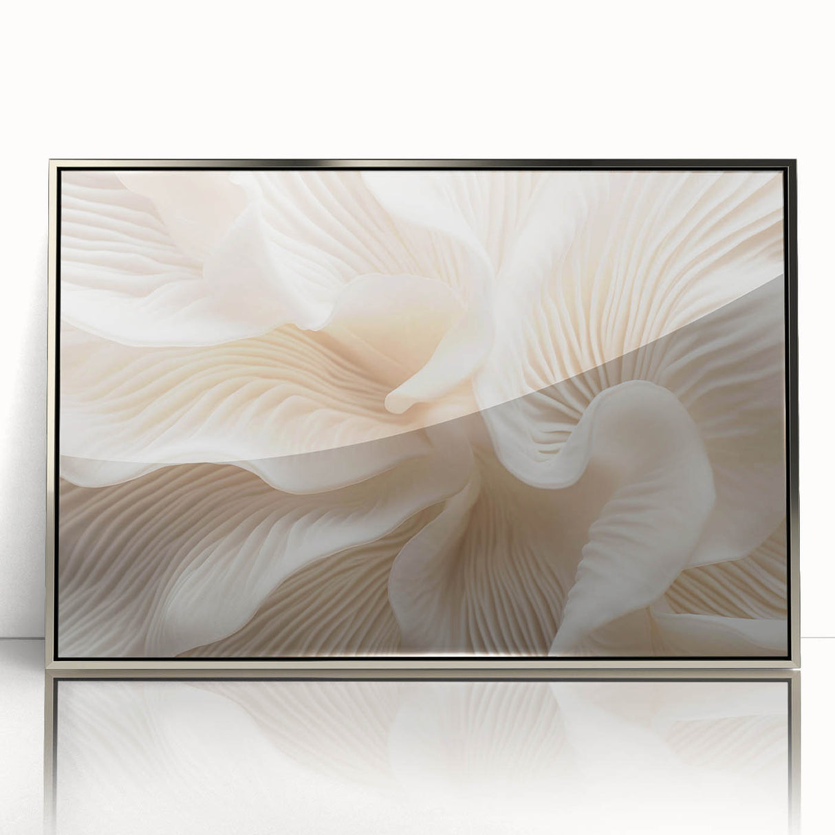 Mid-century modernist art featuring close-up leaves in silver acrylic frame, with muted green and gray tones.