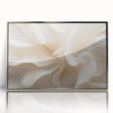 Mid-century modernist art featuring close-up leaves in silver acrylic frame, with muted green and gray tones.